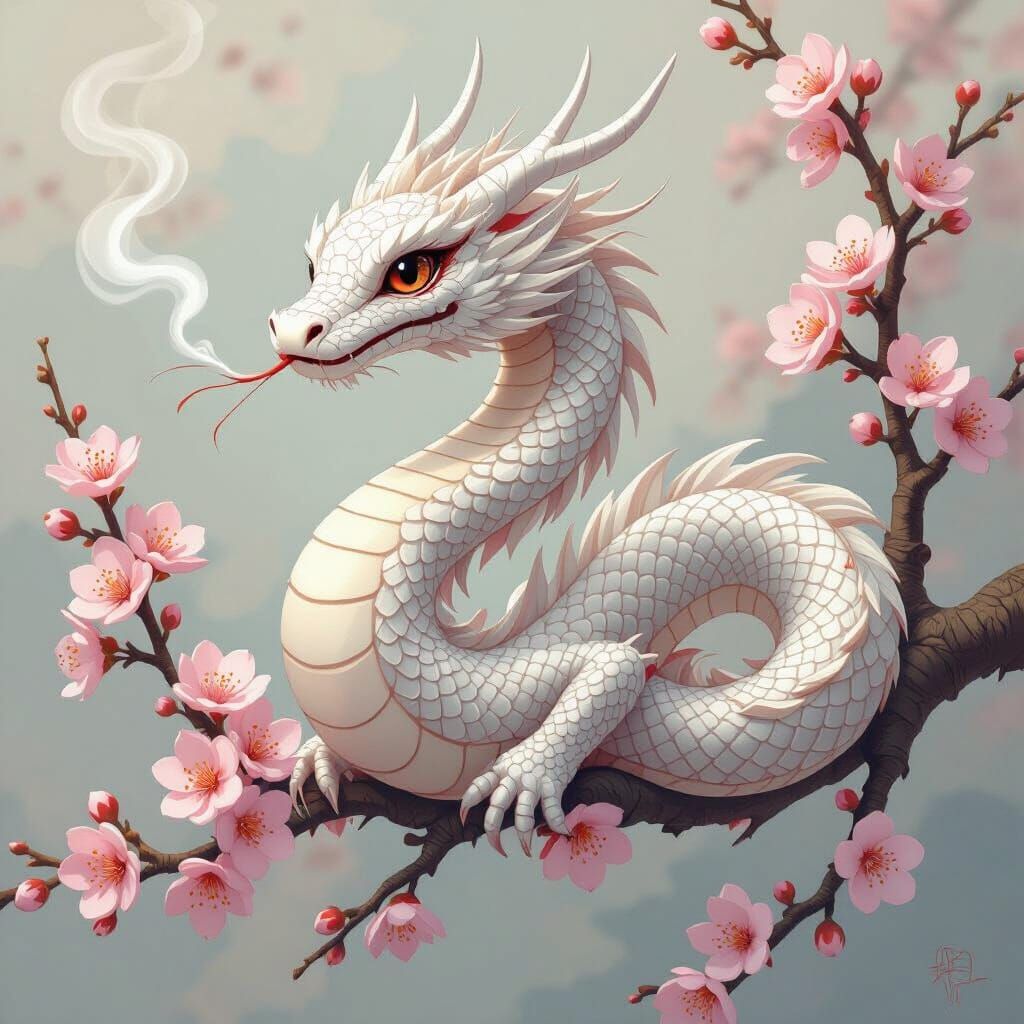 White Snake Dragon in Cherry Blossoms