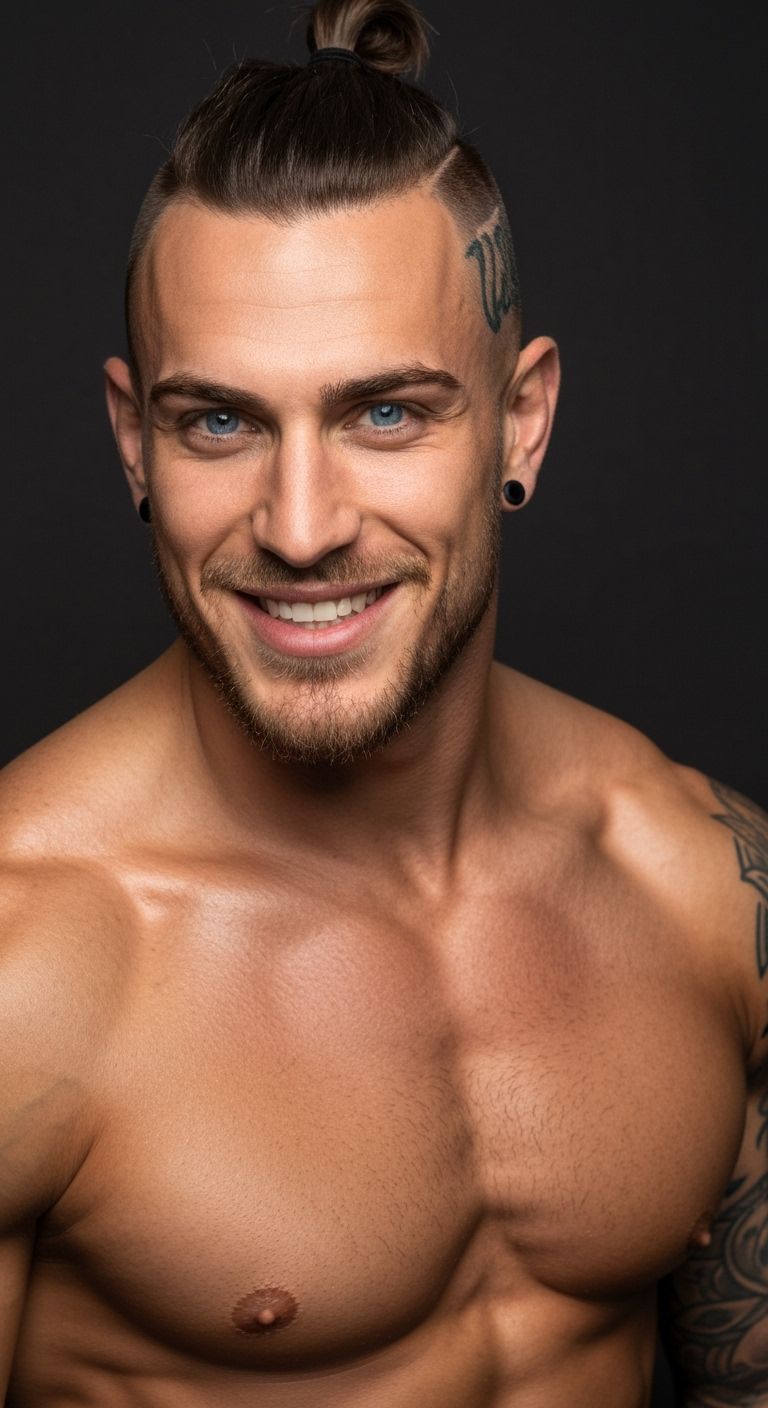 Man with Piercing Blue Eyes and Top Knot Hairstyle