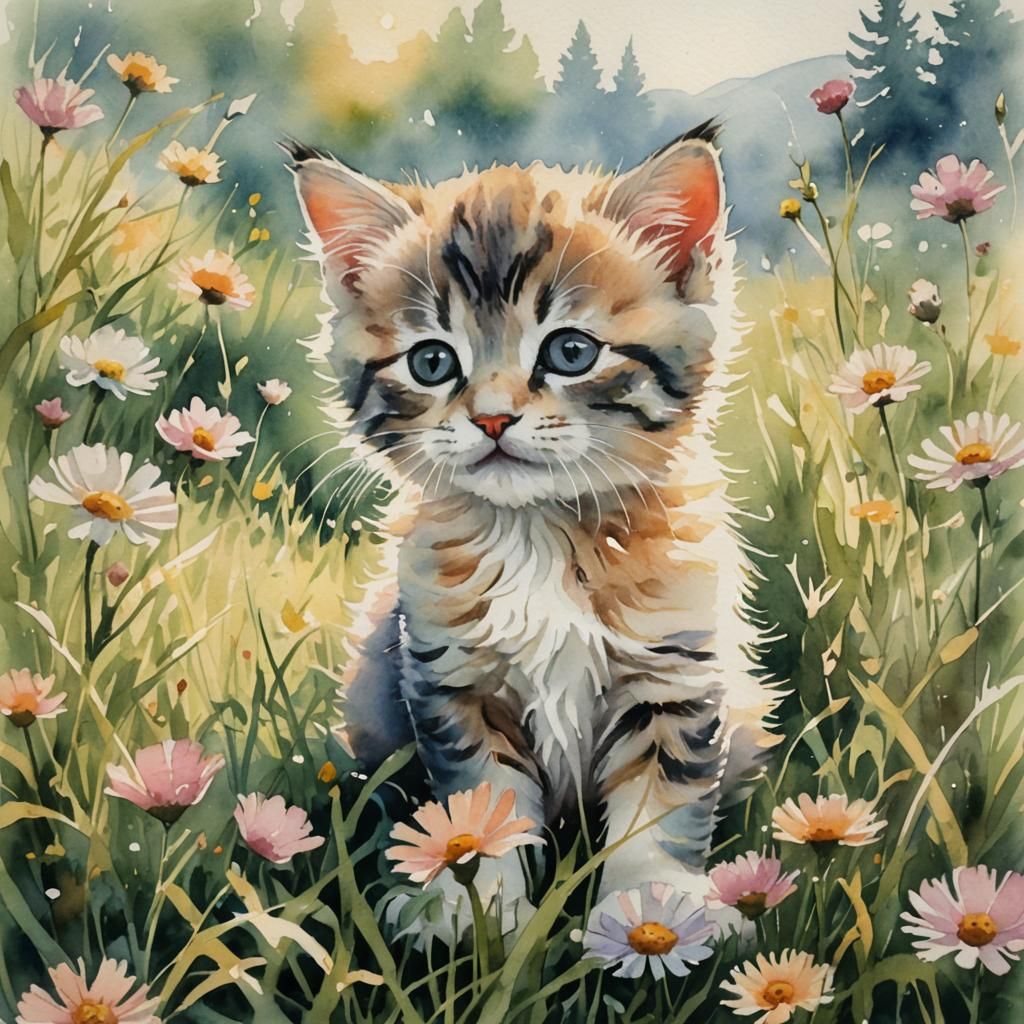 Kitten Plays in Meadow: Whimsical Watercolor Art