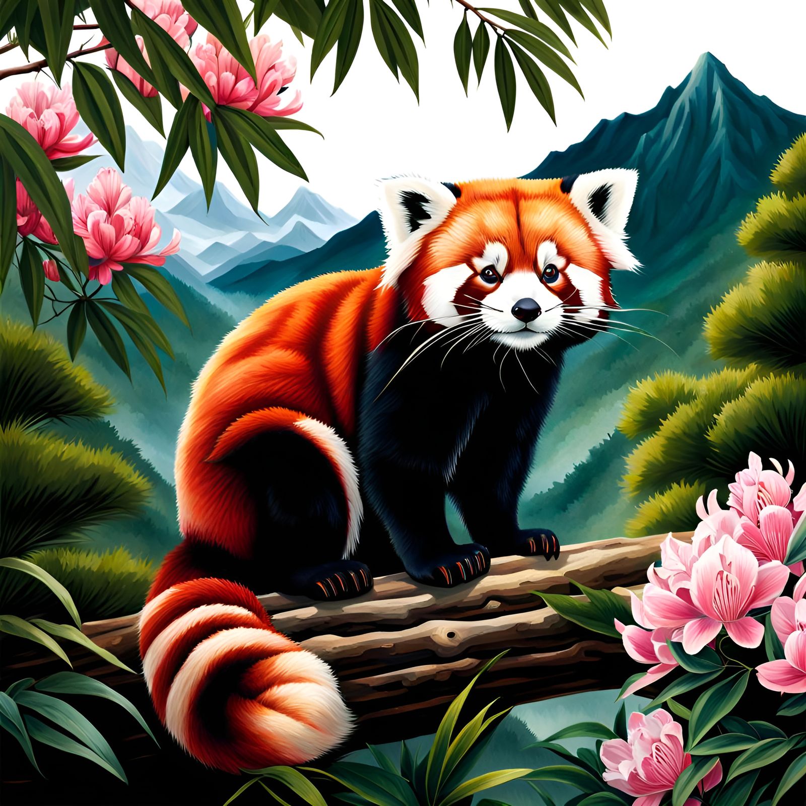 Red Panda in Asian Mountain Landscape Oil Painting