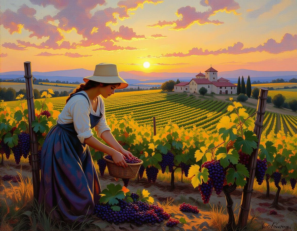 Peasant Girl Picking Grapes: Expressionistic Oil Painting