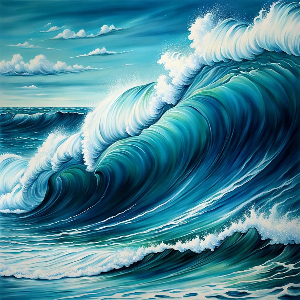 Detailed Ocean Waves in Airbrush Oil Painting Style
