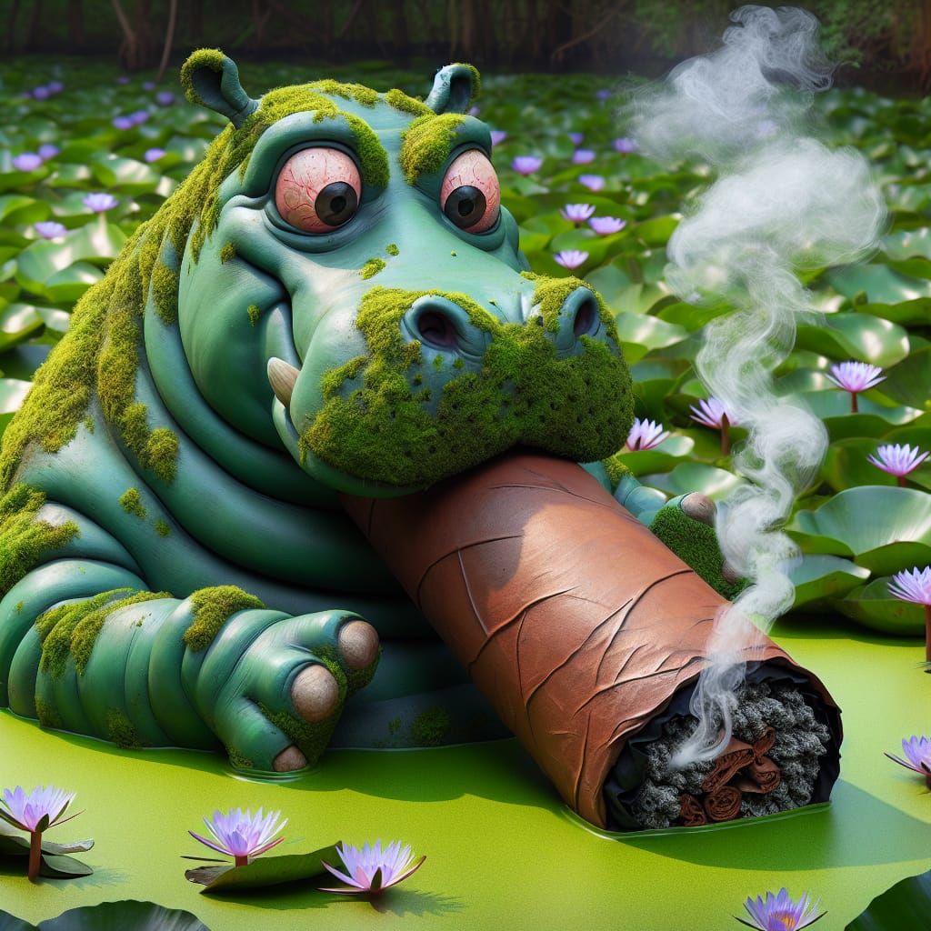 Animated Hippo Smoking a Blunt in Swampy Waters