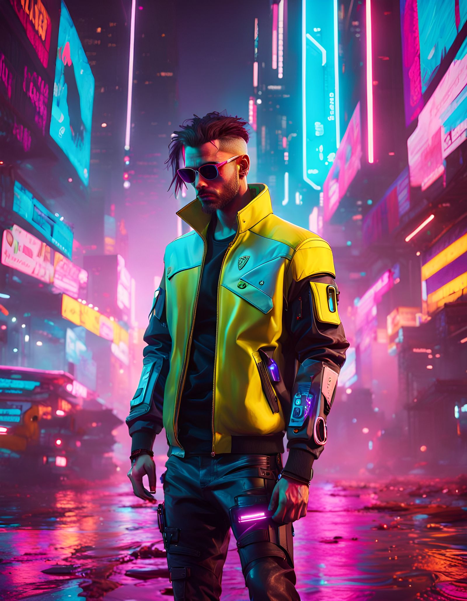 Cyberpunk Man with Neon Lights, Digital Art
