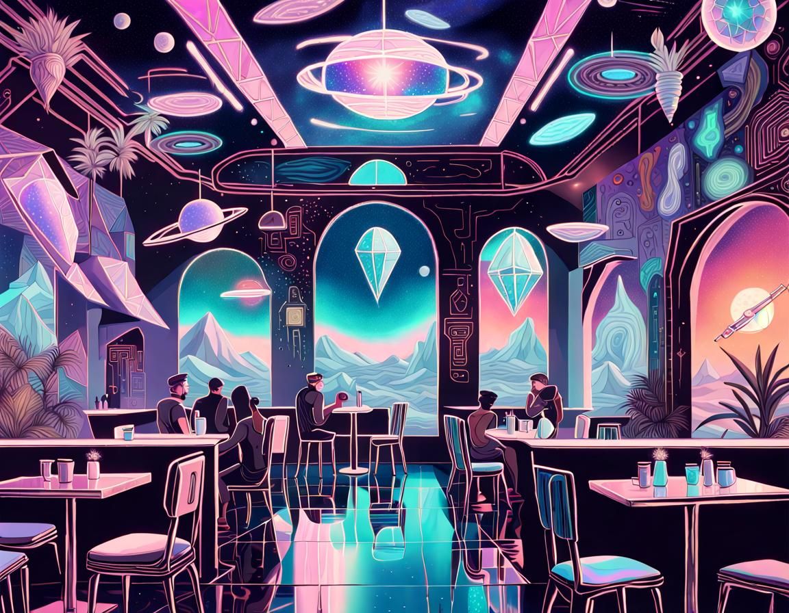 Cyberpunk Cafe in Galactic Oasis, Cubist Illustration