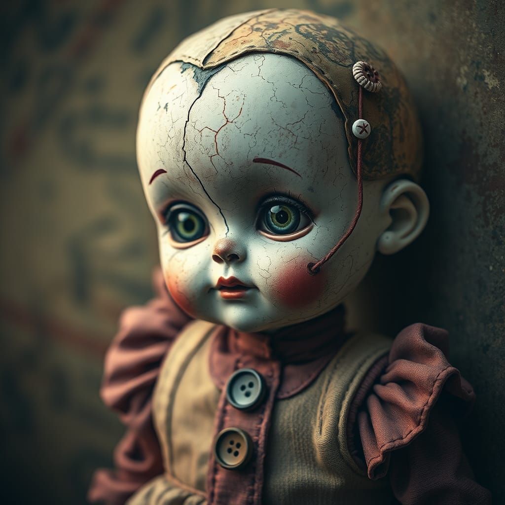 Cracked Vintage Doll in Moody Attic