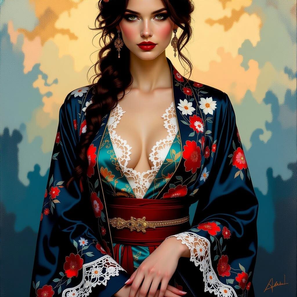 Mystical Woman in Brocade Robe, Hyperrealistic Oil Painting
