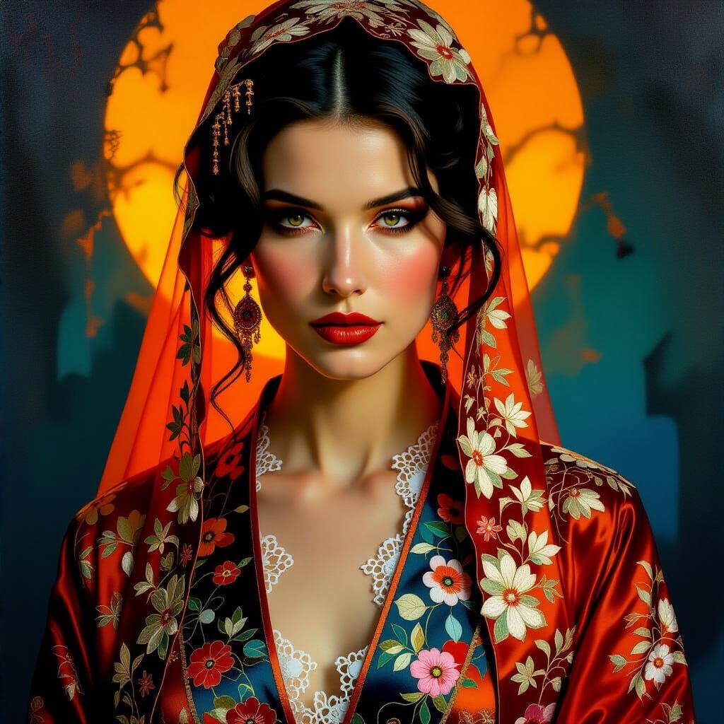 Woman in Brocade Robes: Hyper-Realistic Oil Painting