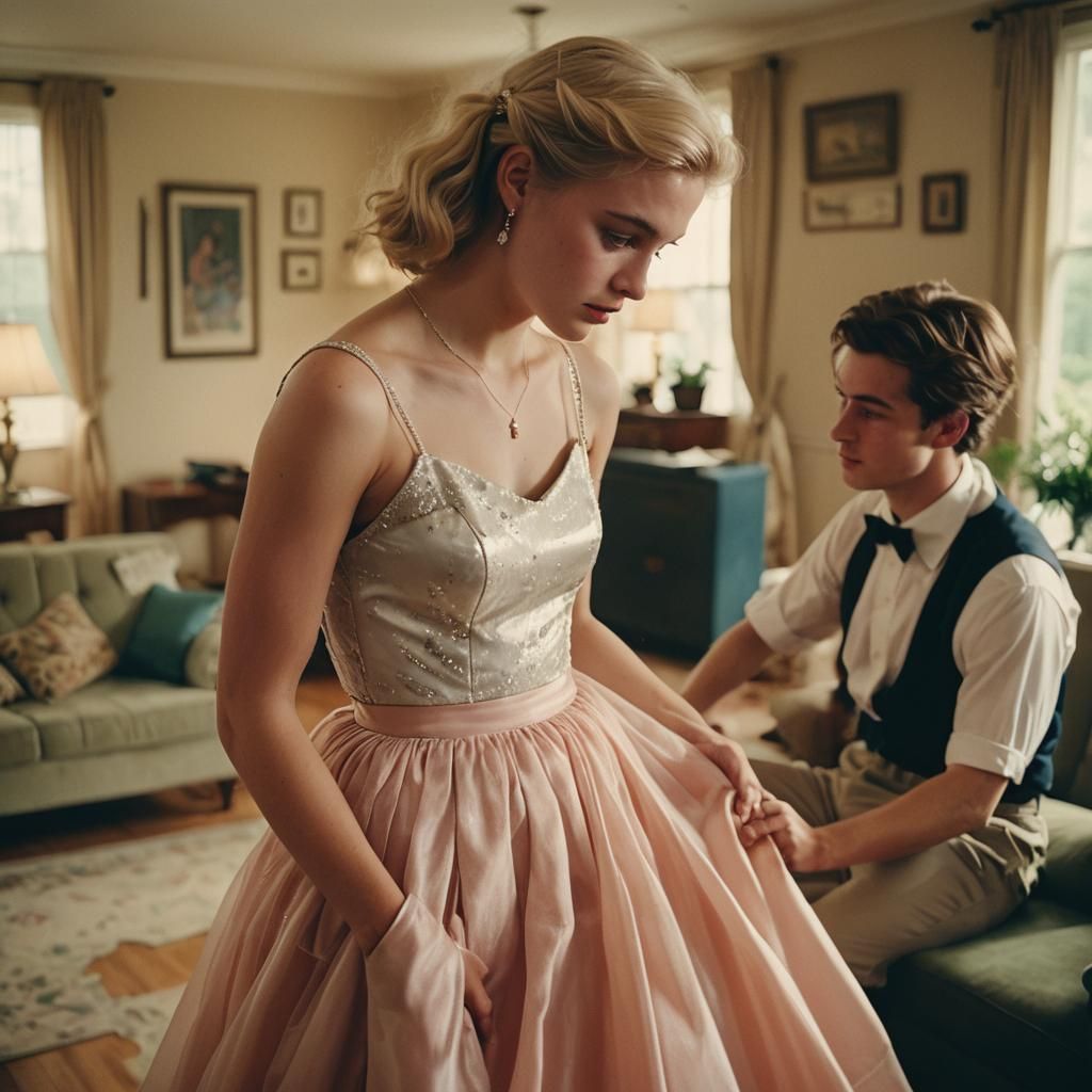 Tomboy in Prom Dress Curtsies: A Cinematic Still