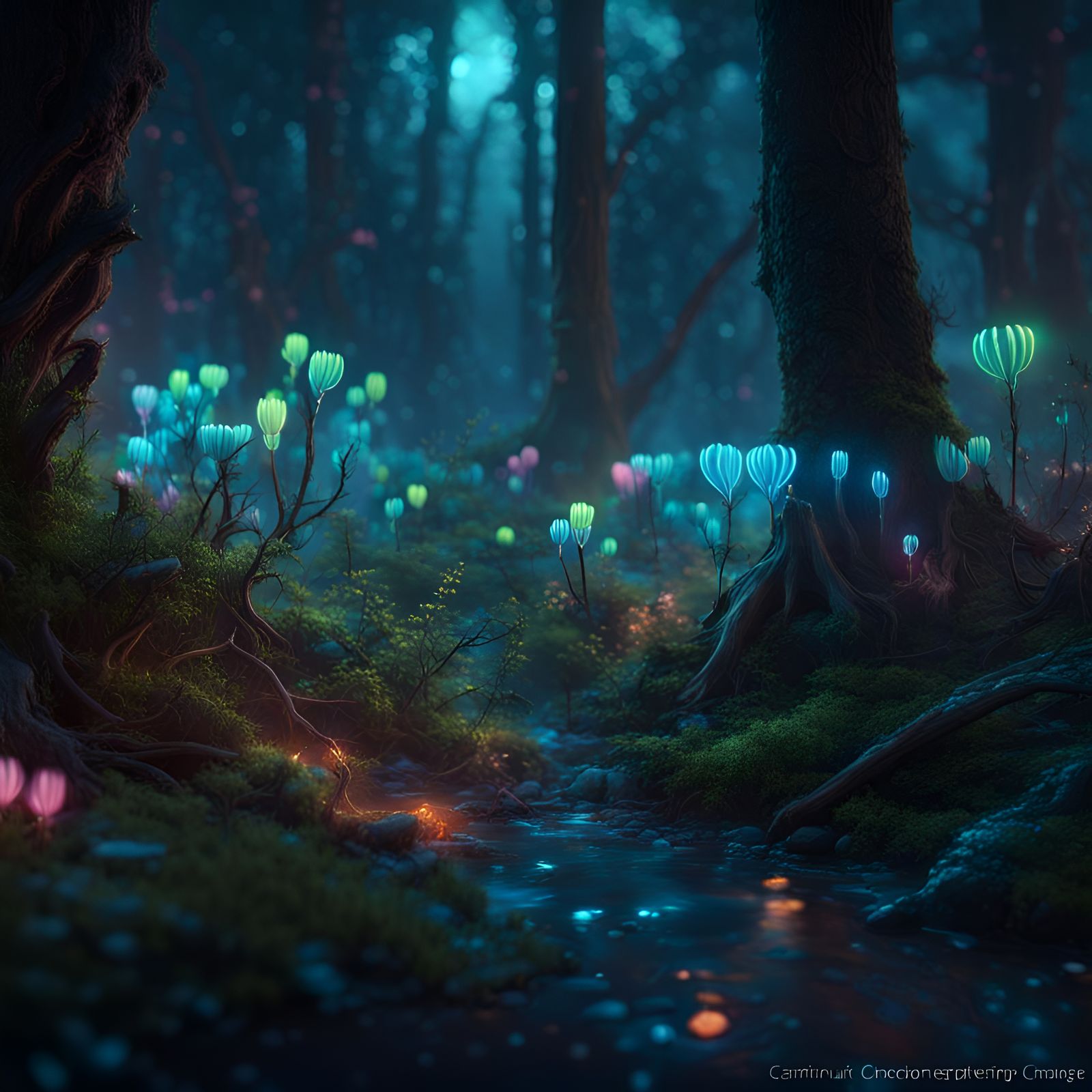 Bioluminescent Forest at Night: Fantasy Scene
