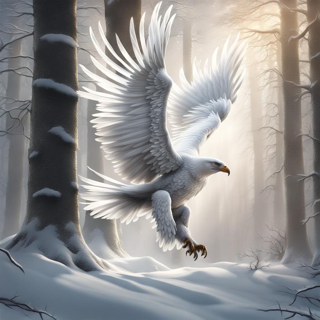 Elegant White Winter Eagle in Silver Woods
