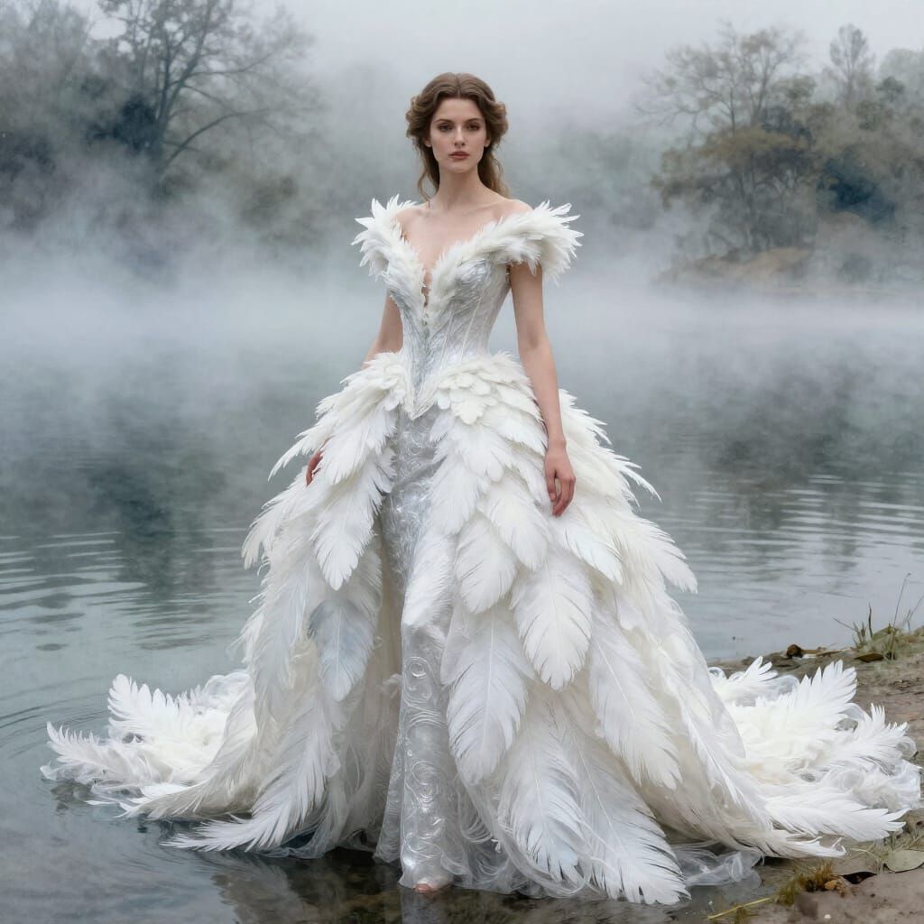 Regal Woman's Swan Feather Gown by Misty Lake
