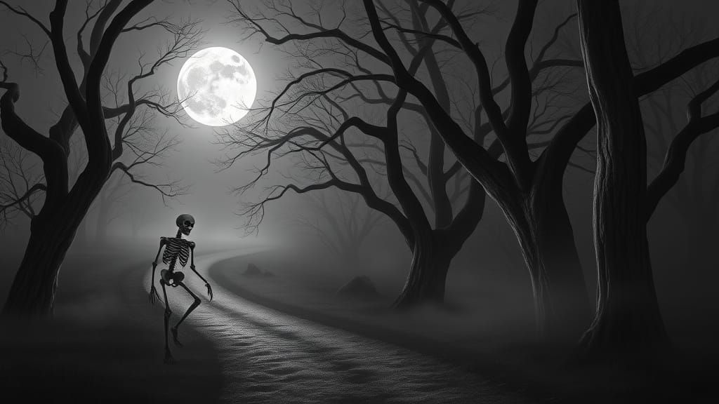 Eerie Skeletal Entity on Misty Forest Path