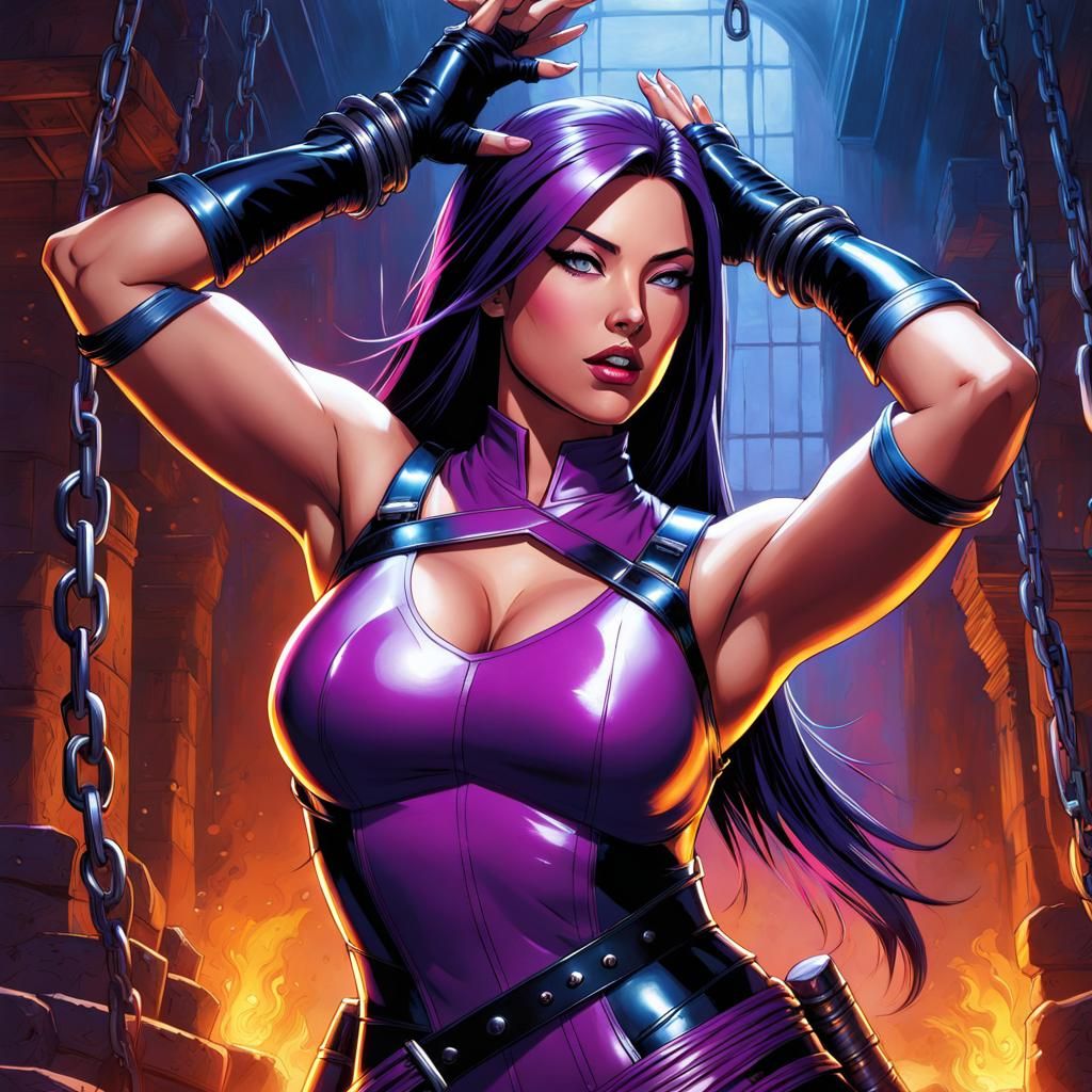 Hyperrealistic Psylocke in Chains, Splash Art Style