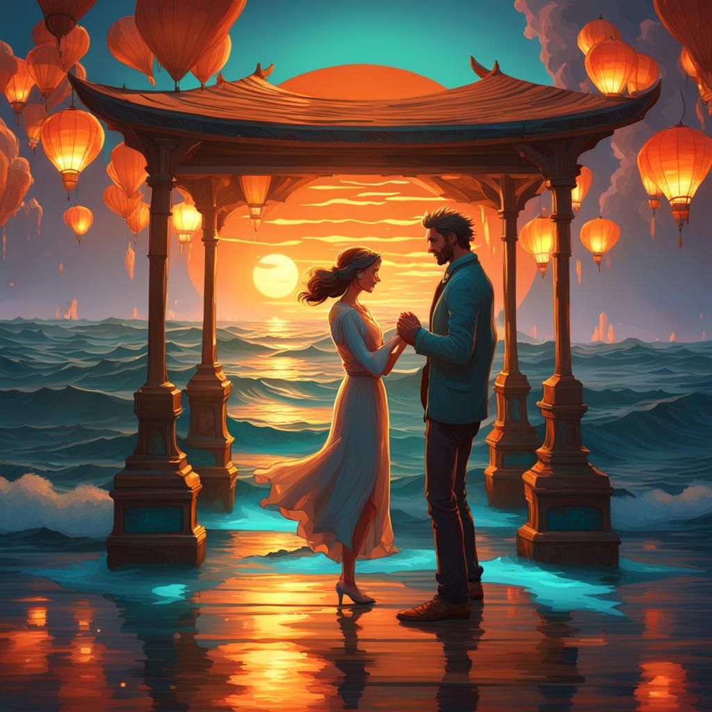 Romantic Sunset Dance on Pier, Hyperdetailed Digital Art