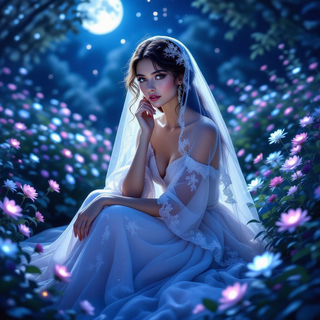 Moonlit Woman in Ethereal Garden, Fantasy Art