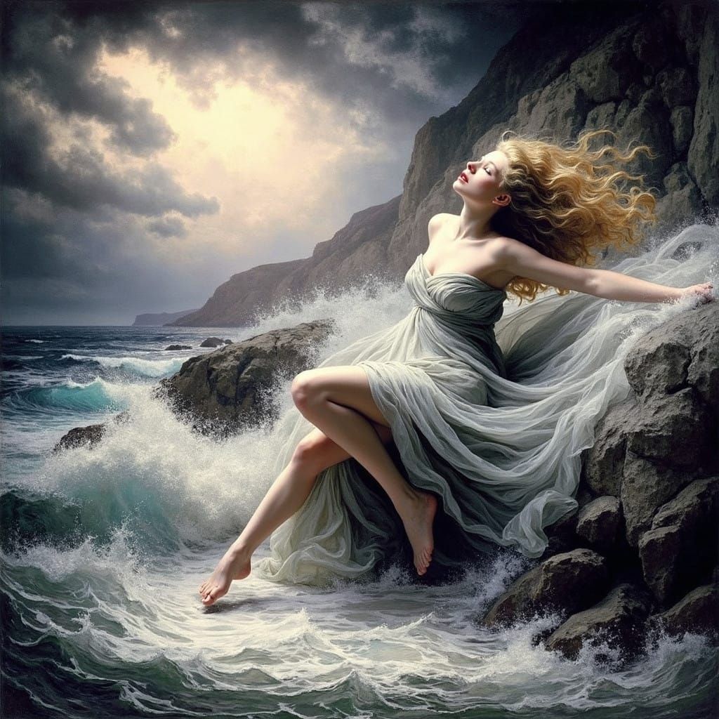 Ethereal Goddess Enveloped by Sea Breeze in Pre-Raphaelite S...