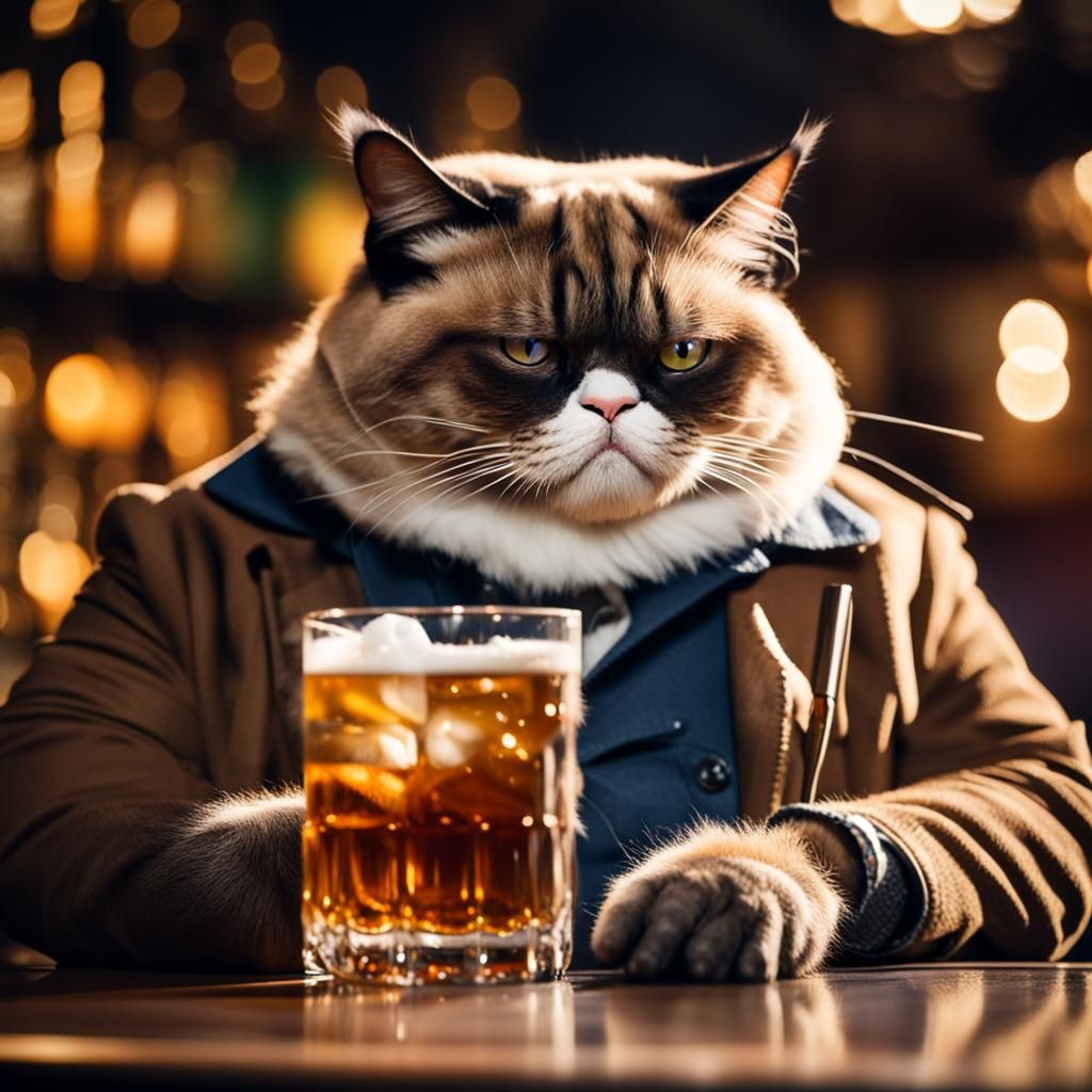 Grumpy Cat Enjoys Whiskey in Bar: Professional Photo