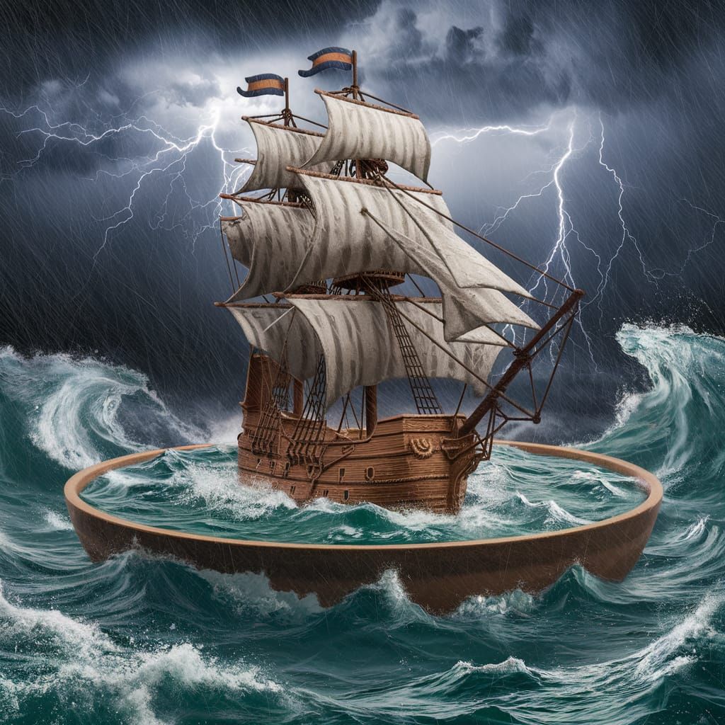 Miniature Tall Ship Battles Storm in Soup Bowl