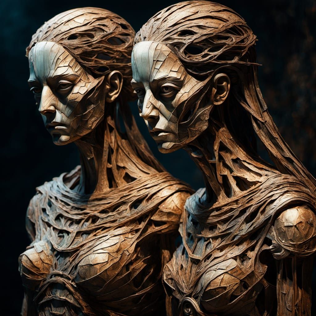 Surreal Sculptures with Glowing Eyes in Dark Gallery