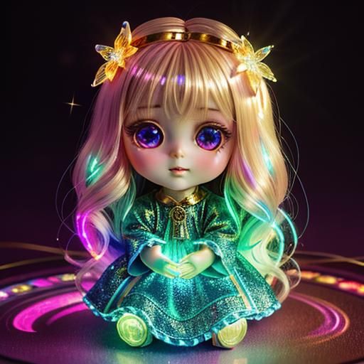 Cute Chibi Doll with Holographic Hair in Pre-Raphaelite Styl...