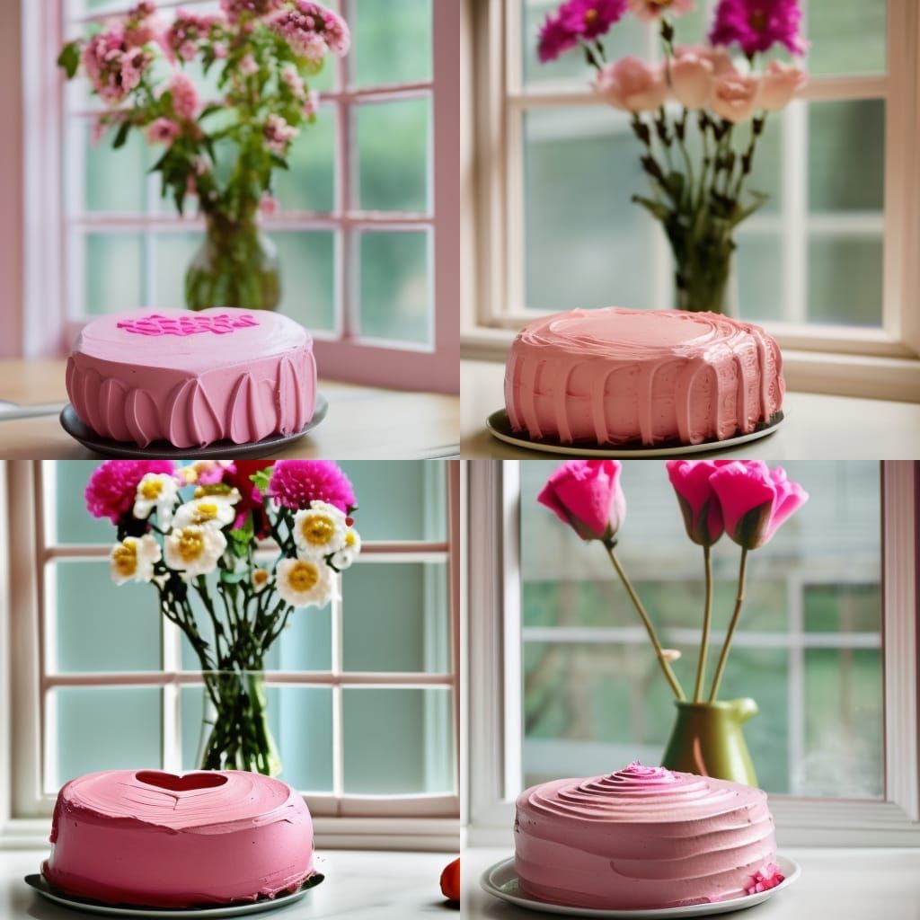 Pink Heart Cake with Flowers by Window