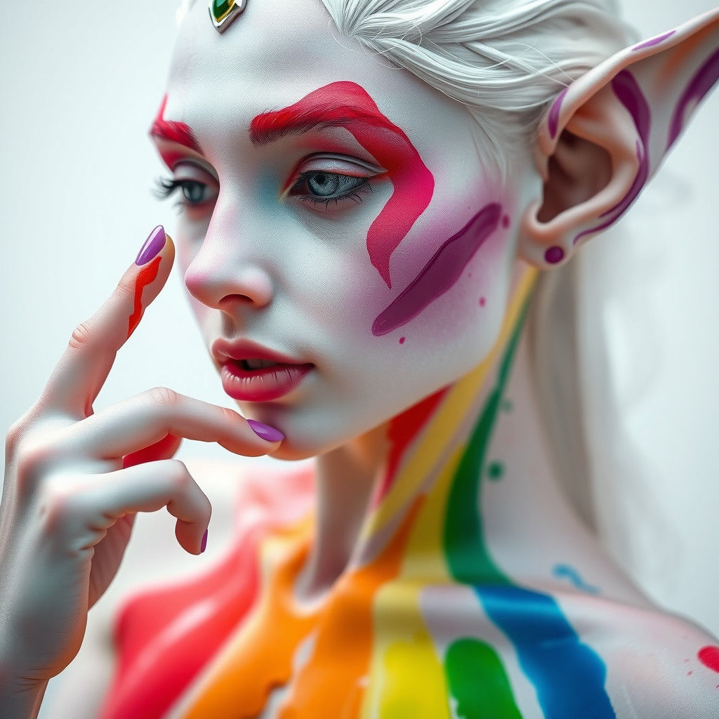 Rainbow Body Paint Adorns Playful Elf: Macro View