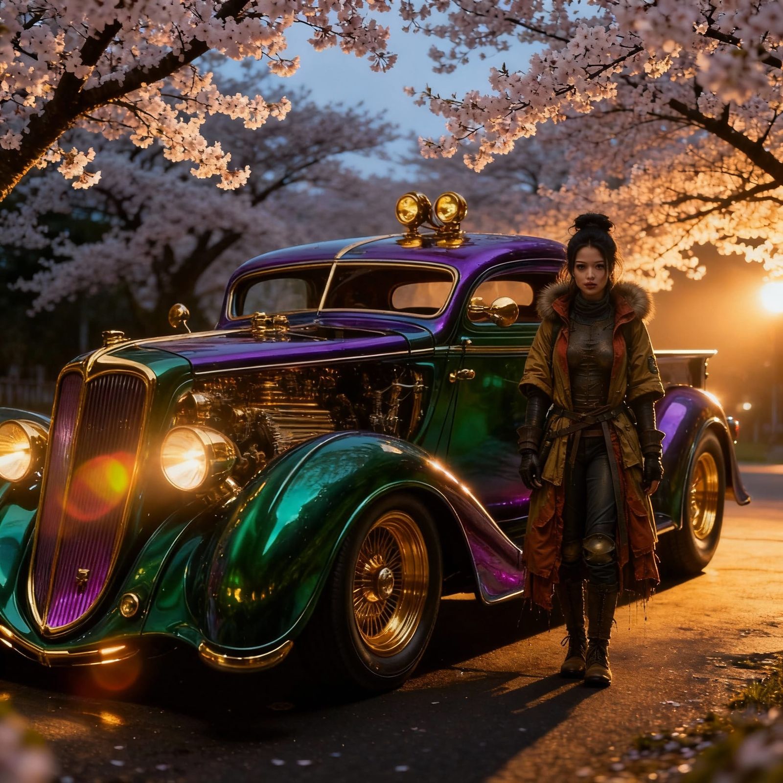 Asian Woman in Vintage Clothing by Sakura Truck at Dusk