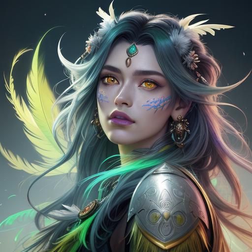 Ethereal Woman with Silver Skin and Colorful Feathers