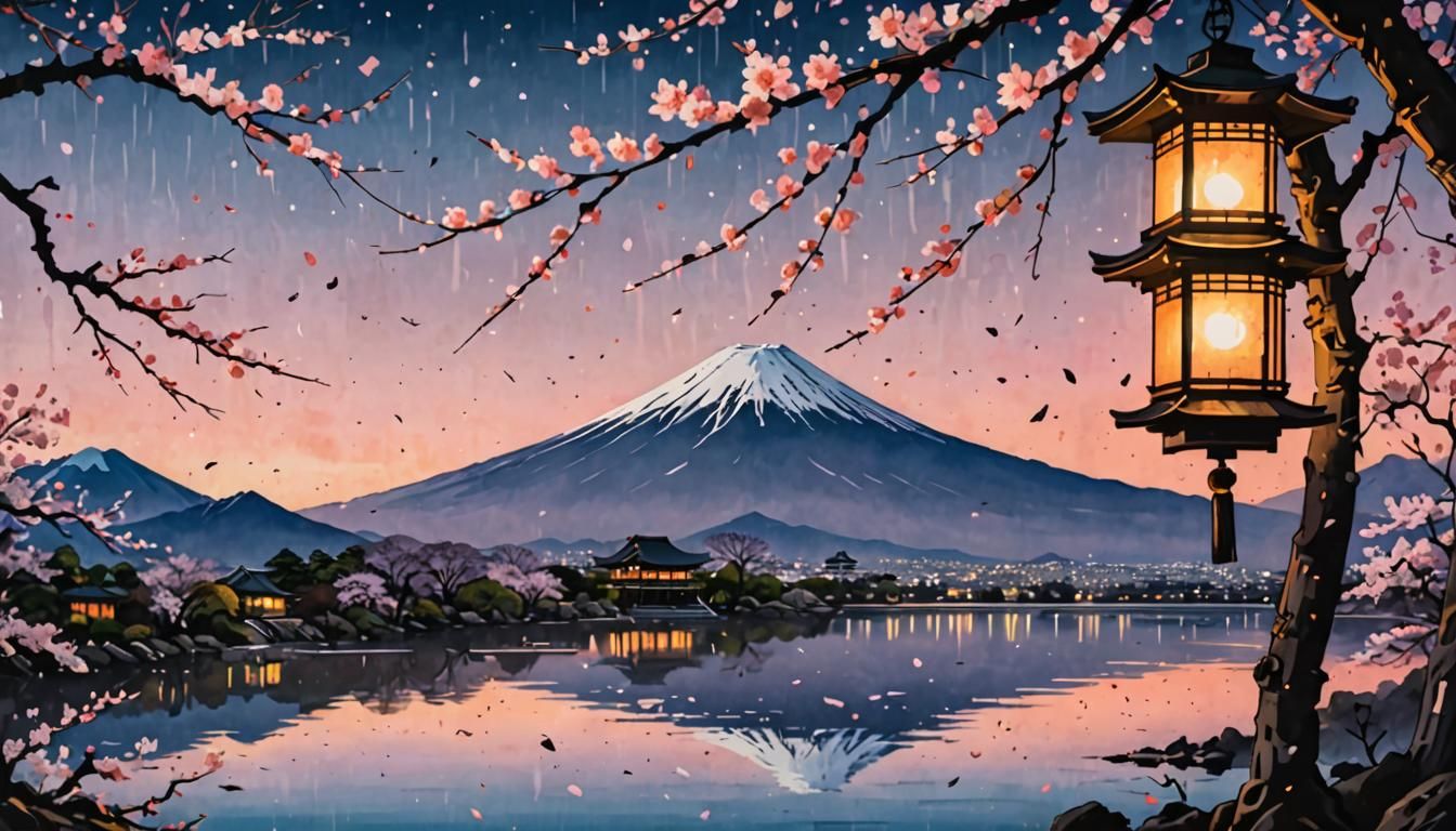 Japanese Lantern in Cherry Blossoms at Twilight
