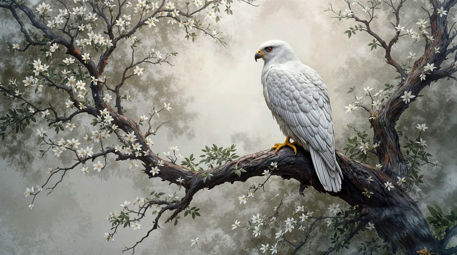Ethereal White Falcon Perches in Soft Focus