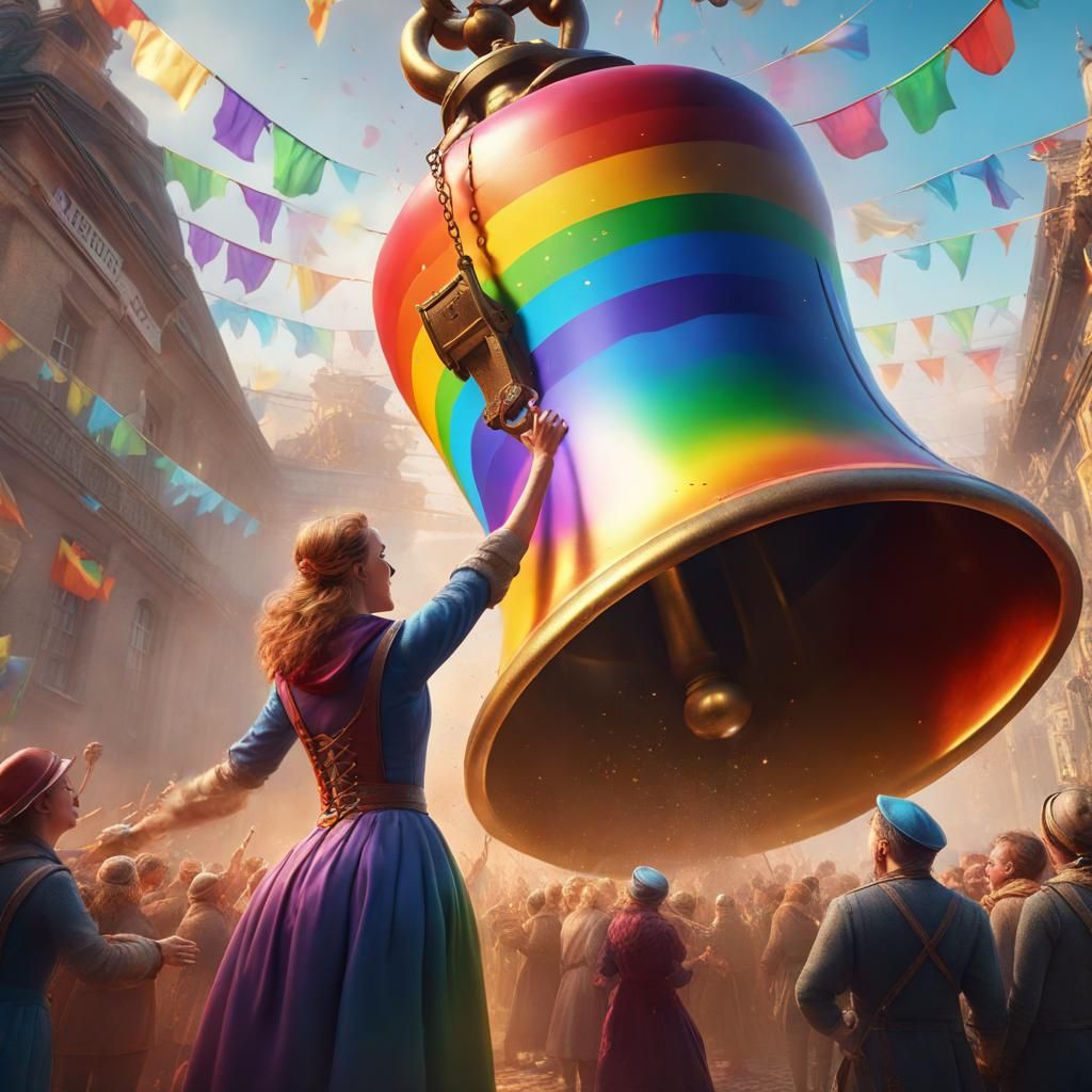 Rainbow Woman Rings Giant Bell in Fantasy Art