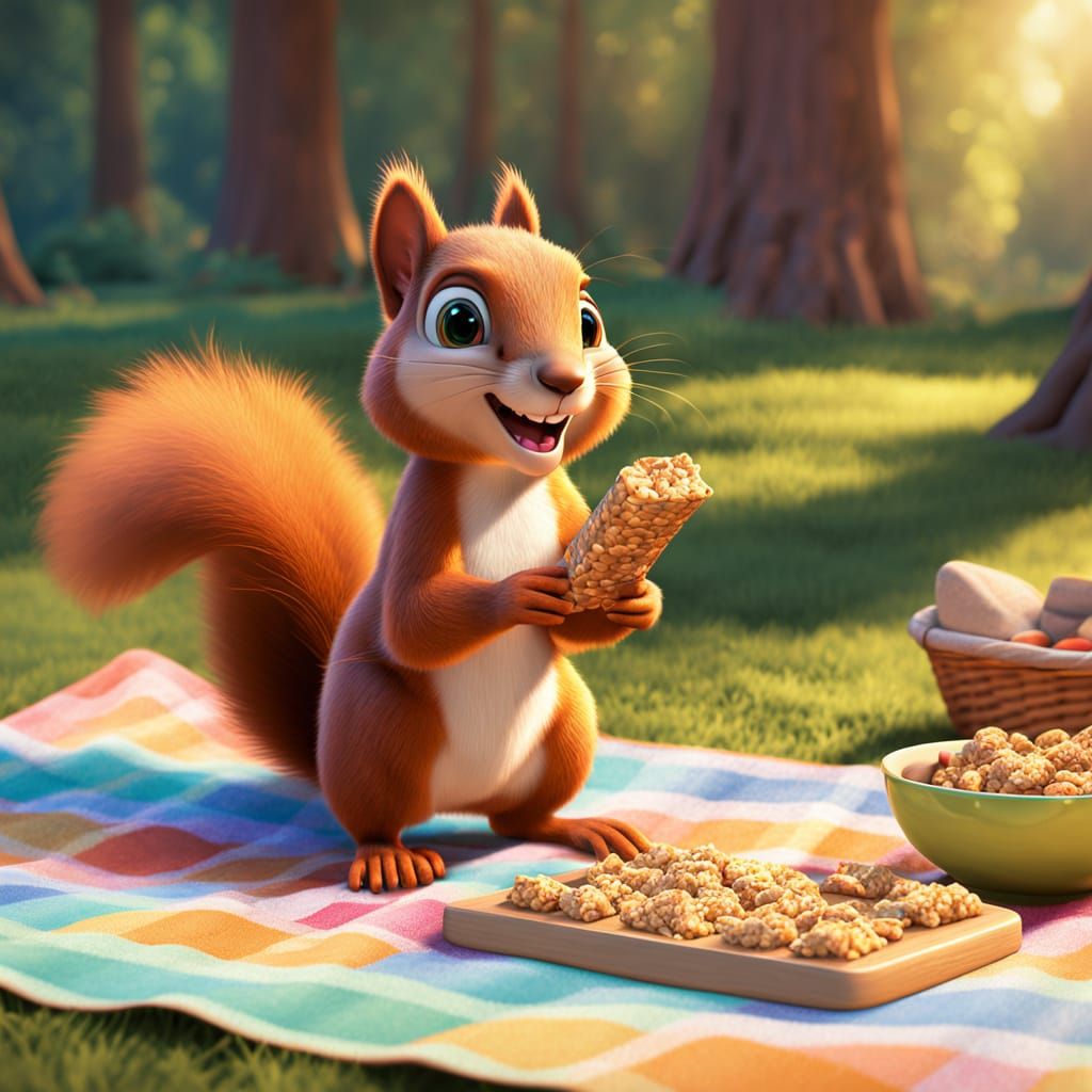 A mischievous squirrel stealing a peanut granola bar from a picnic blanket while no one is looking. Pixar, Disney, conce...