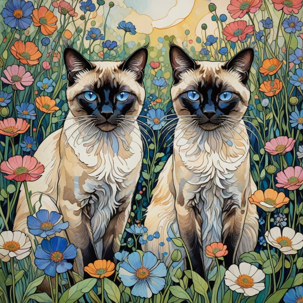 Siamese Cats in a Garden in Abstract Watercolor Style