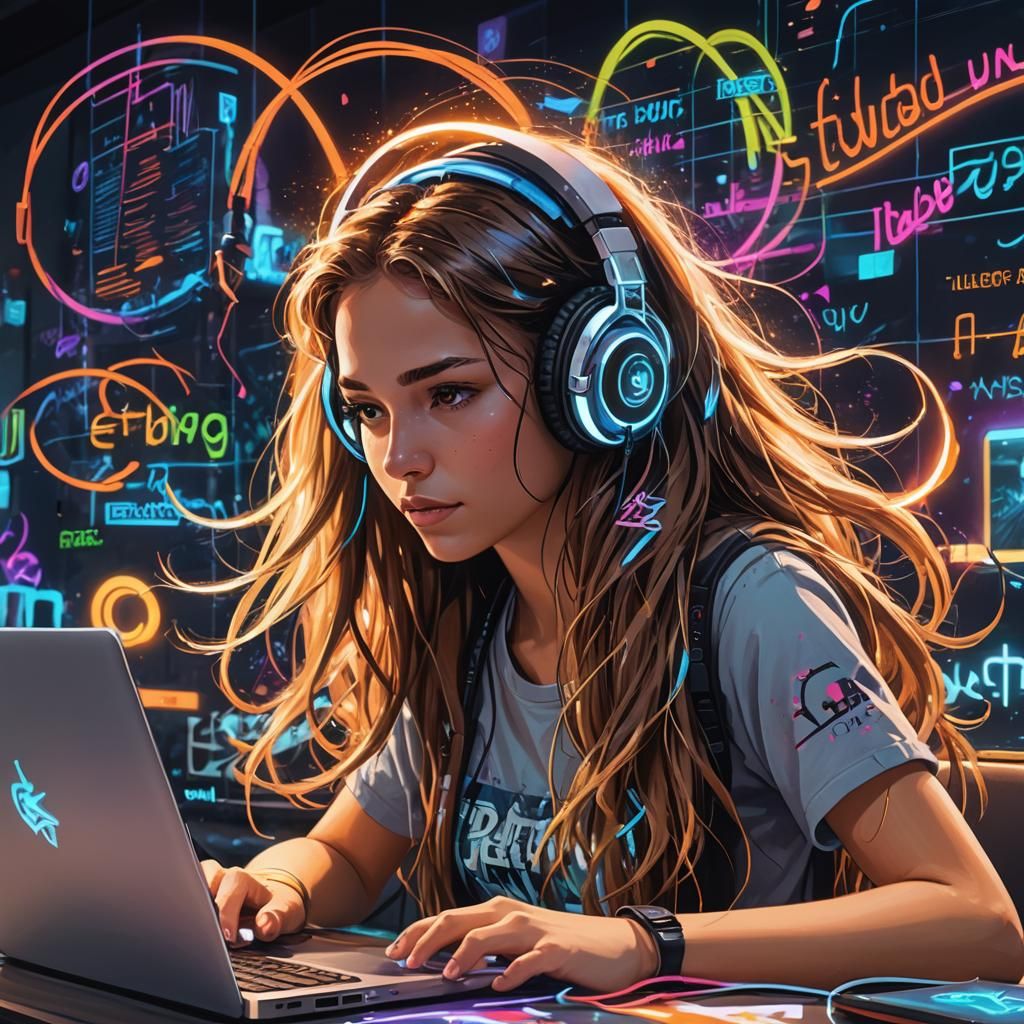 Girl Coding in Graffiti Art Style with Neon Lights