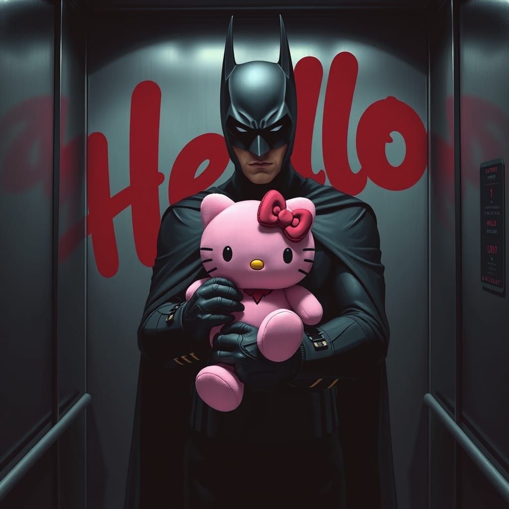 Batman está sujetando con las dos manos un peluche de hello ...