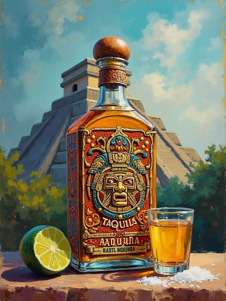 Aztec Tequila Bottle in Expressionist Style