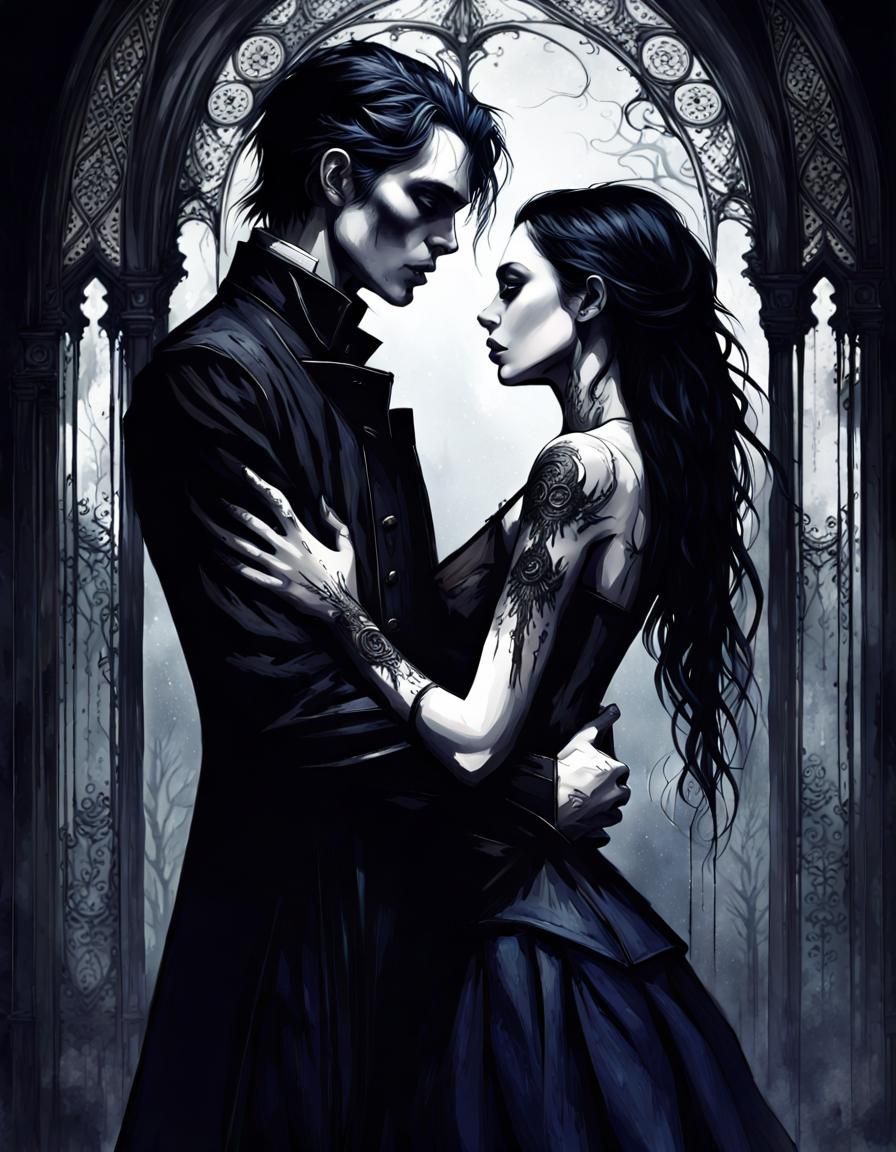 Gothic Noir Woman in Dark Blue, Detailed Art