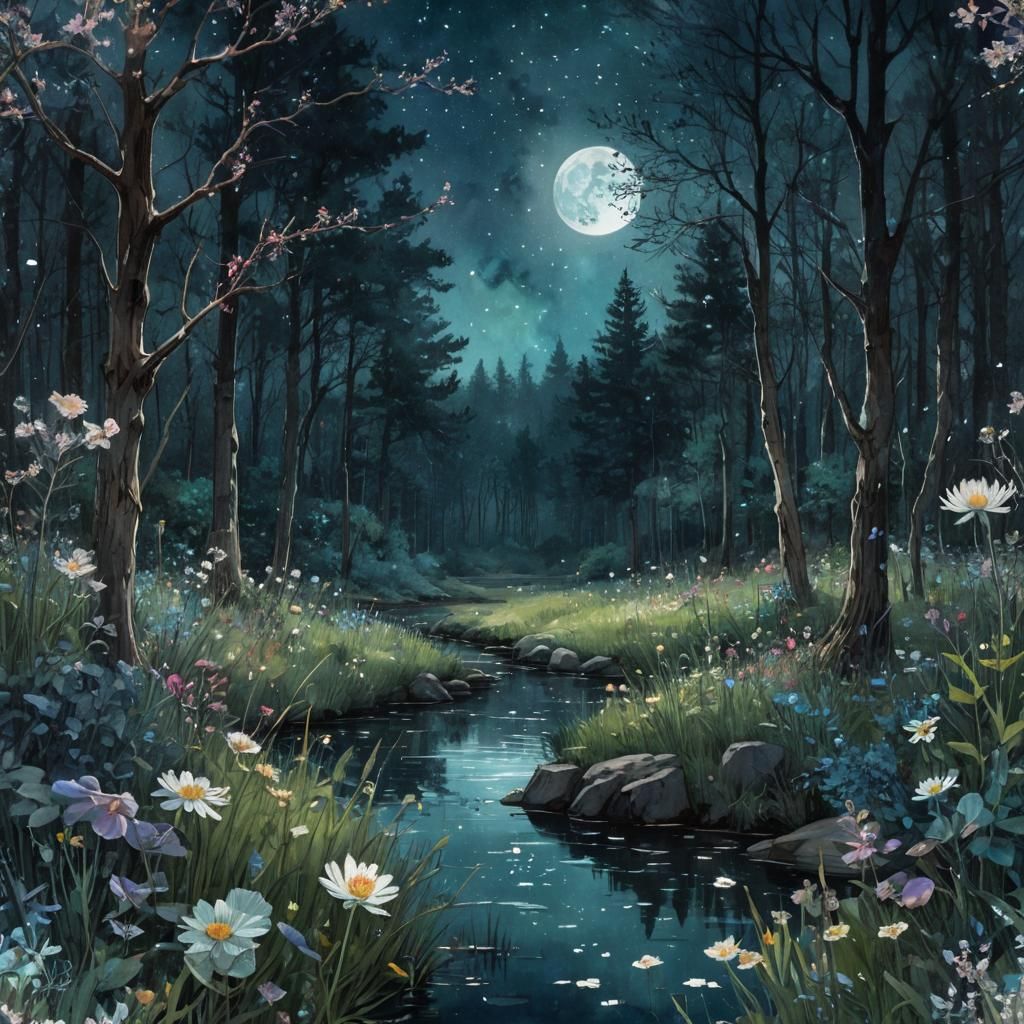 Moonlit Meadow Digital Watercolor with Constellations