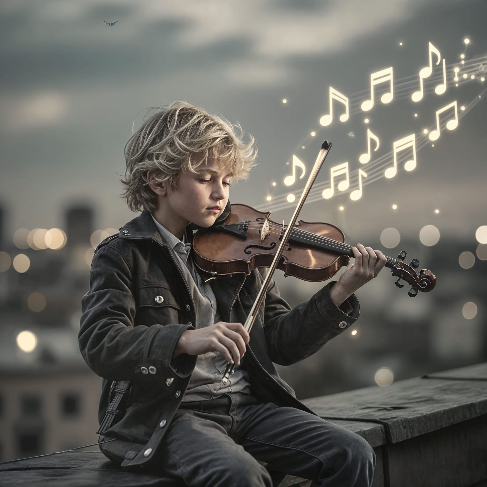 Boy on Rooftop Plays Violin Under Dark Sky