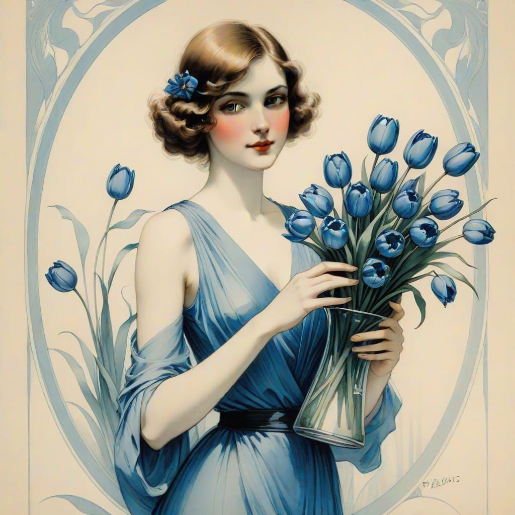 Girl Holding Blue Tulips in Art Deco Style
