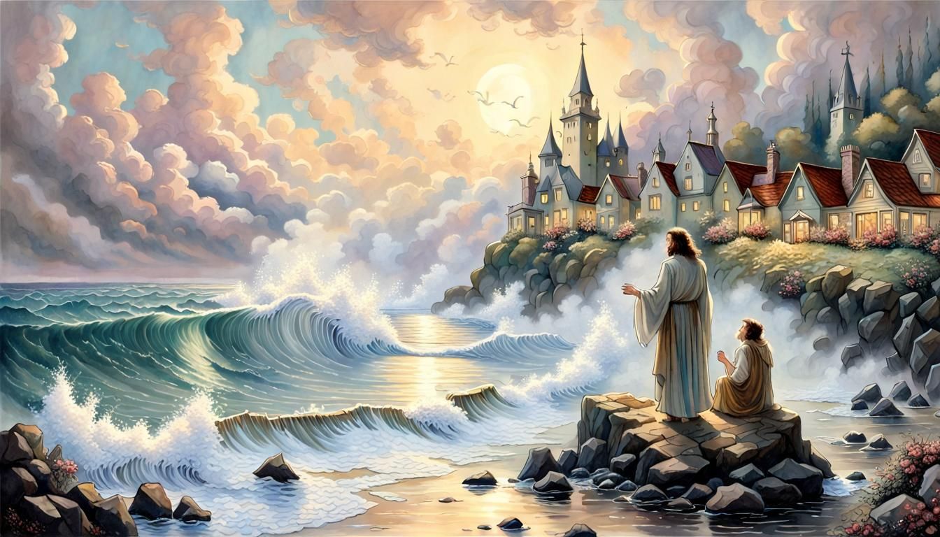 Jesus Teaching by Seaside in Ethereal Fantasy Style