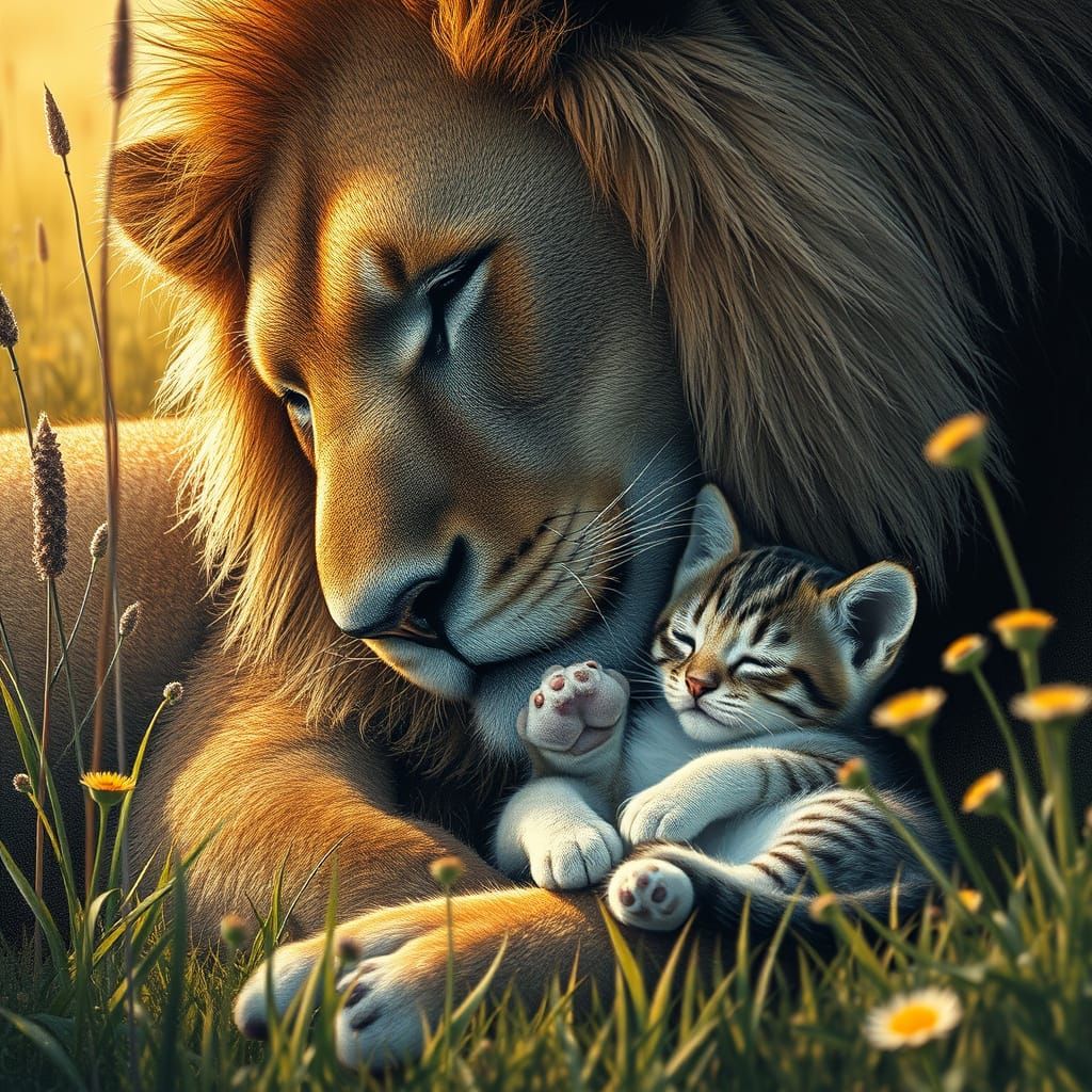 Lion and Kitten Napping: Stippling Art Portrait