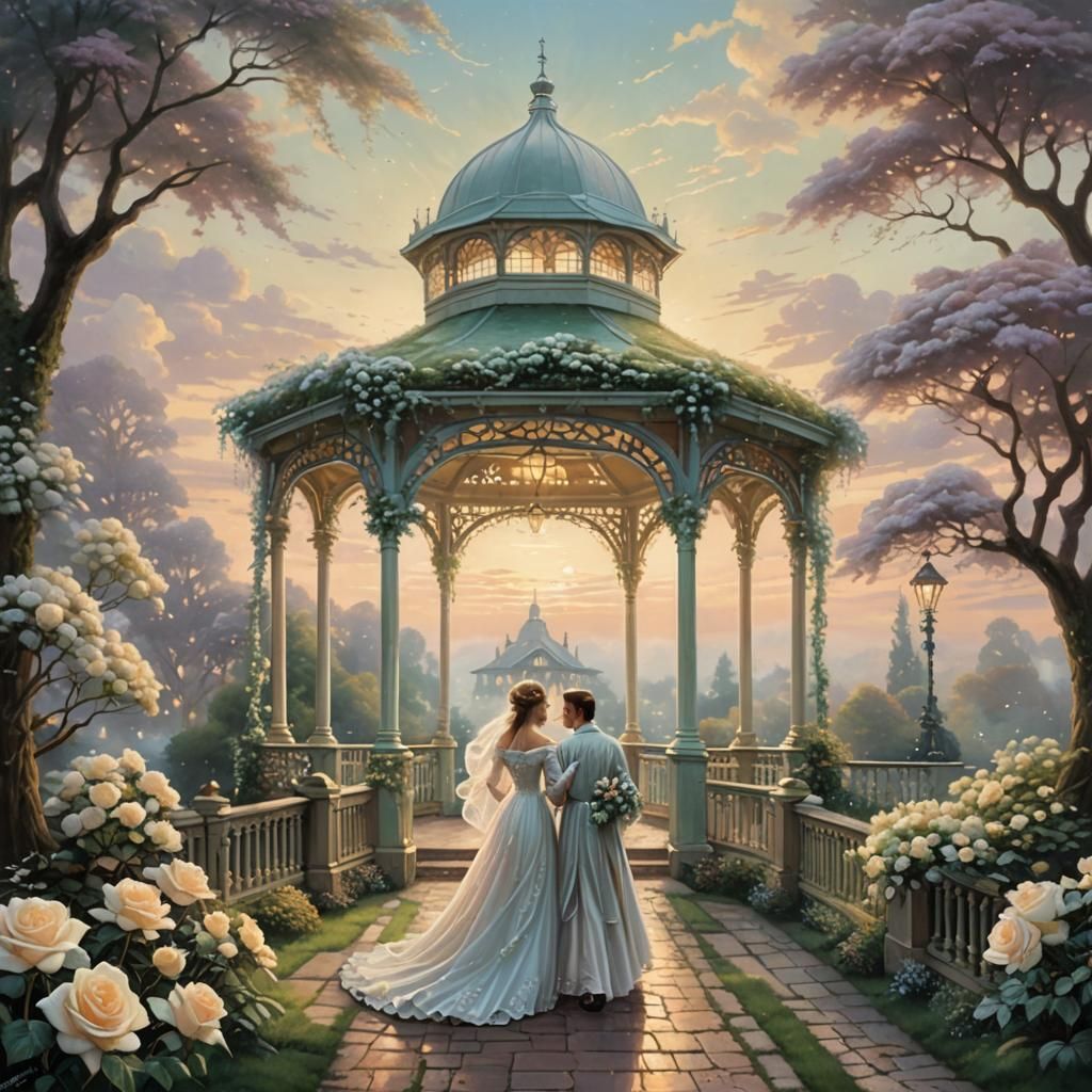 Art Nouveau Roses, Gazebo, and Romantic Couple