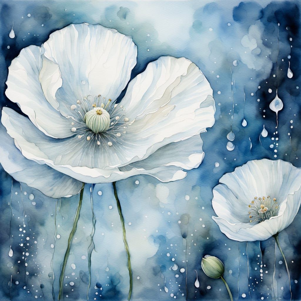 Ethereal Watercolor Poppy in Moonlit Water