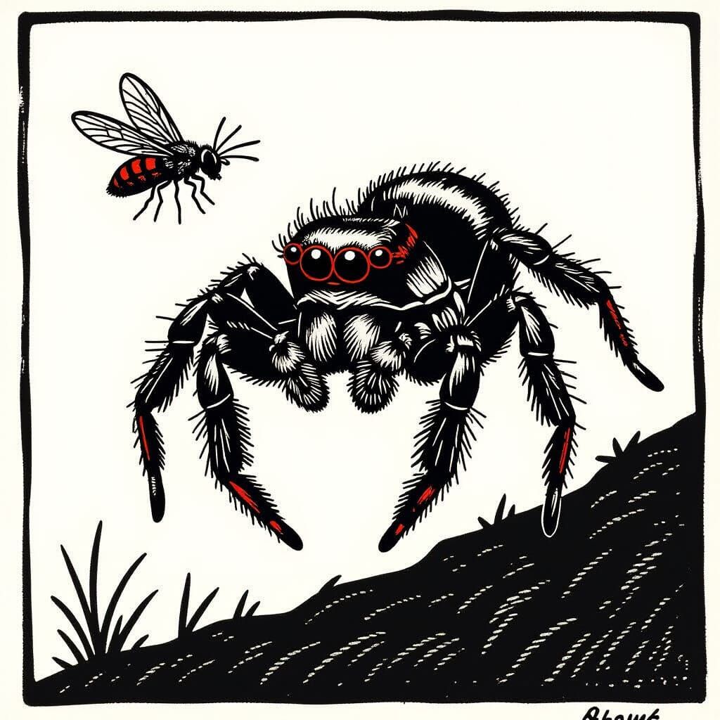 Ultra-Realistic Linocut of Spider Chasing Fly