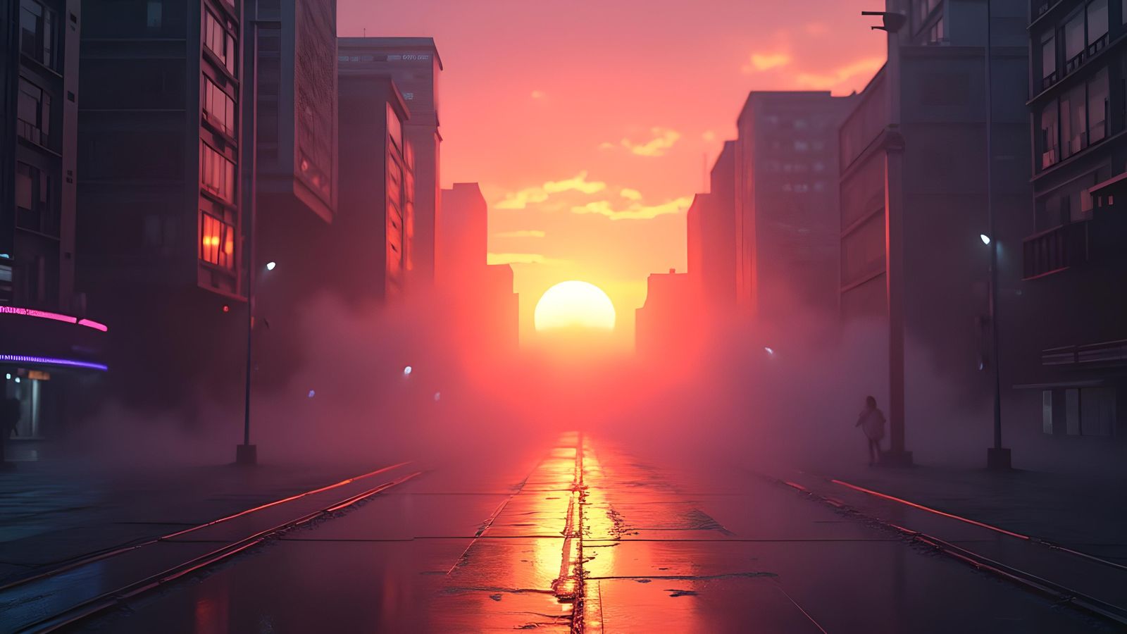 Cyberpunk Sunset with Heavenly Sunshine Beams