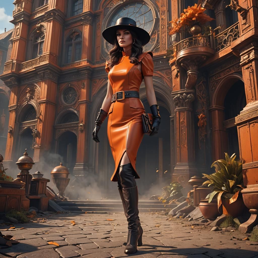 Brunette Model in Orange Leather Outfit: Detailed Digital Pa...