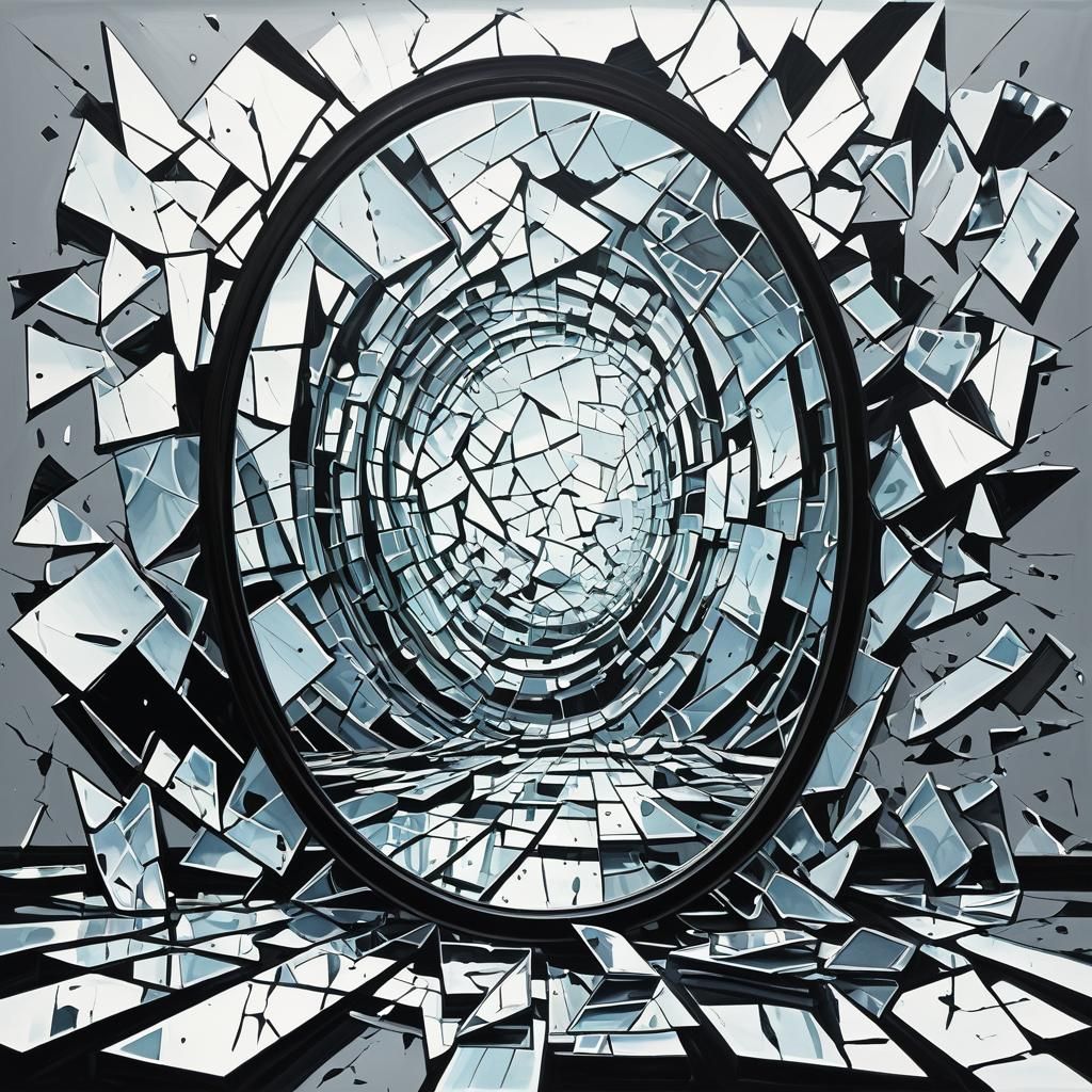 An oil ink illustration of a mirror shattered into countless...