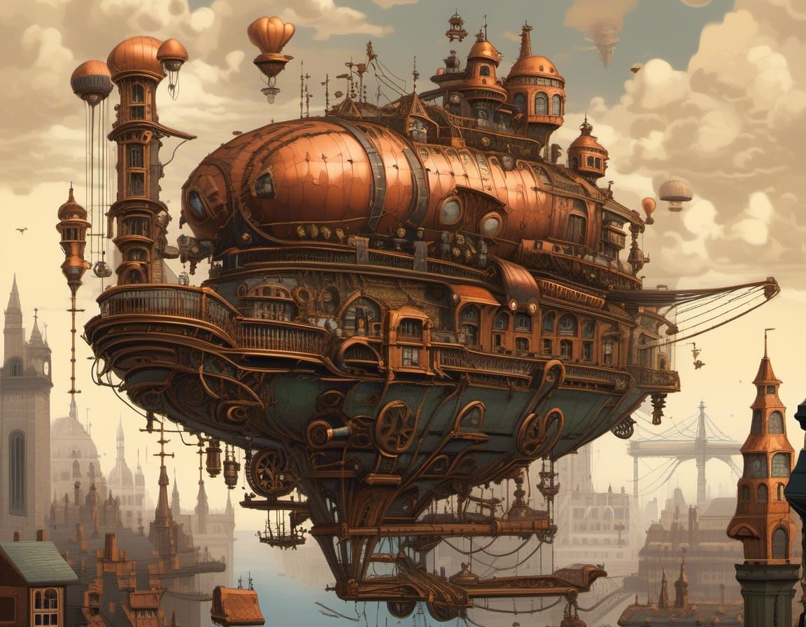 Bustling Steampunk Cityscape with Clockwork Skyscrapers
